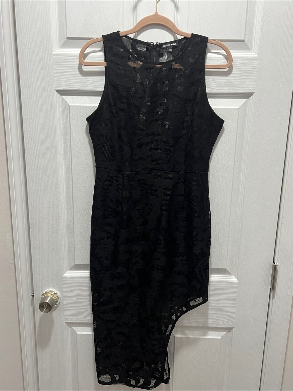 Fashion Nova Black Asymmetrical Lace Sheath Dress